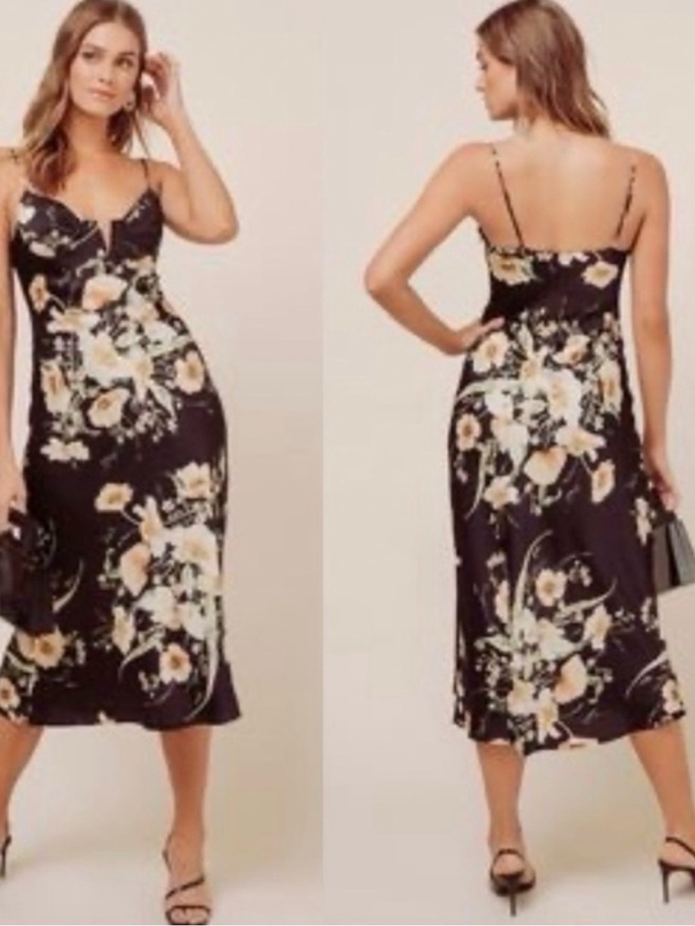 Astr Black Floral Slip Midi Dress with black and yellow floral - Picture 1 of 6